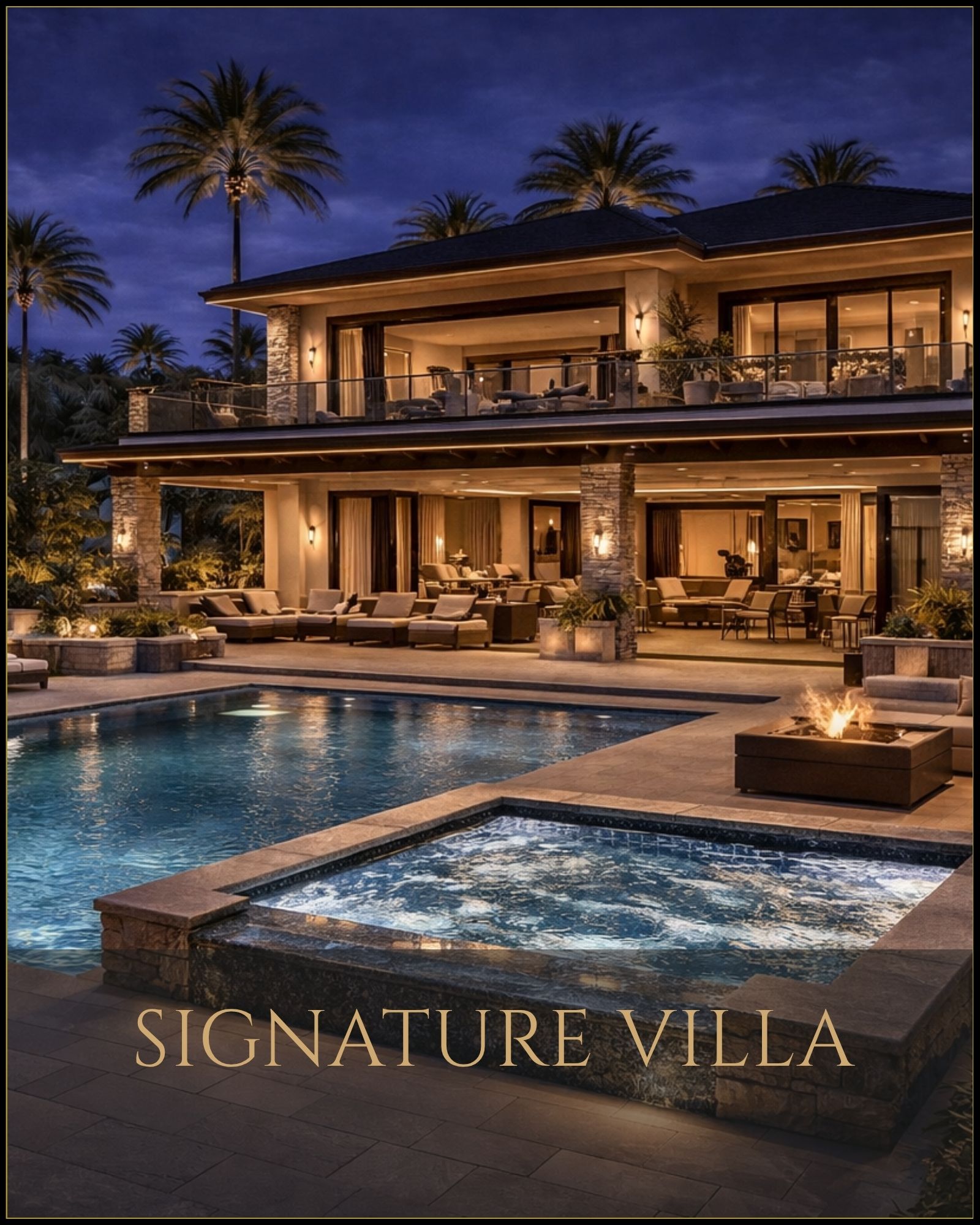 Exklusive Signature Villa mit Pool in tropischer Umgebung bei Nacht